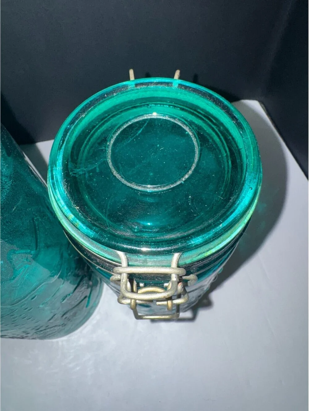 Vtg Mcm Emerald Green Fruit, Grape Design Glass Canister Set Wire Bail Lids 3pc